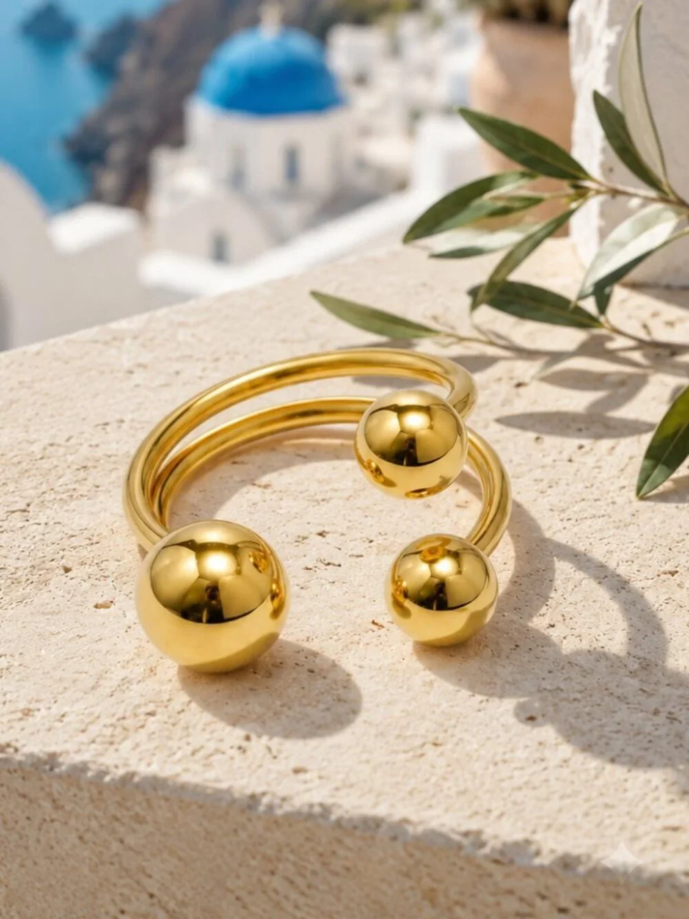 18K Gold Plated Stainless Steel Triple Ball Sphere Open Wrap Ring Minimalist 6